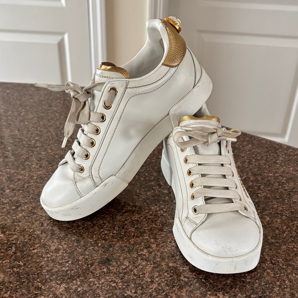 Dolce & Gabbana Ladies White Gold Pearl Accent Sneakers-6 - Picture 6 of 16